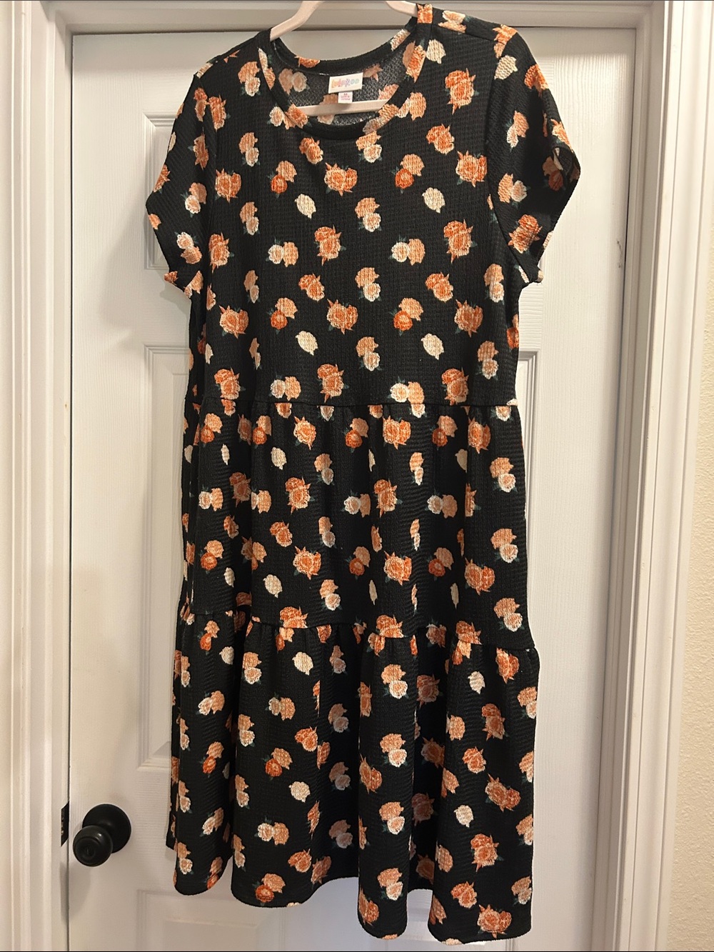 LuLaRoe Black Tiered Dress with Rust & Cream Floral Print